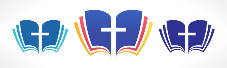 Symbol of Holy Bible, open book with colorful pages and cross of Jesus. Creative concept. Set of icons.