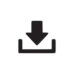 A simple black download icon with an arrow pointing down into a container on a white background