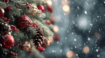 christmas tree with red ornaments and pine cones, blurred background of bokeh lights and snowflakes, close-up. christmas decorations. abstract festive background. new year's atmosphere. stock photo wi