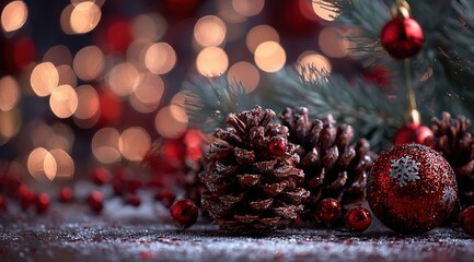 christmas tree with red ornaments and pine cones, blurred background of bokeh lights and snowflakes, close-up. christmas decorations. abstract festive background. new year's atmosphere. stock photo wi