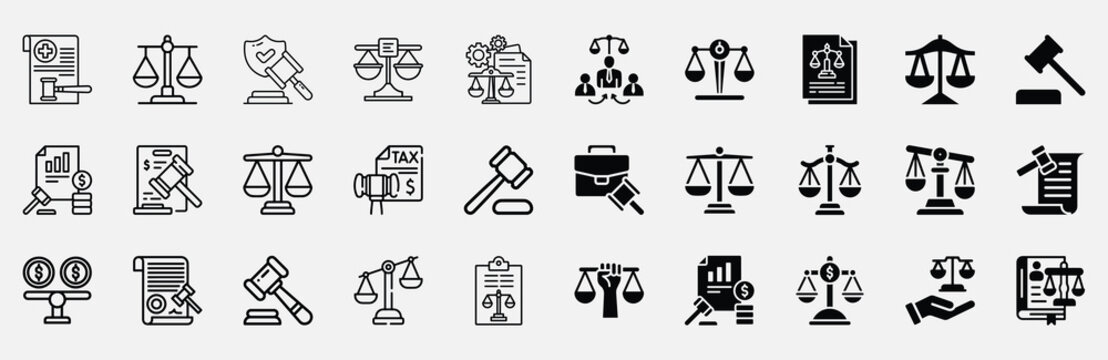 Justice, legal, and judgement icon pack in modern fill and line style, minimalist outline vector illustration