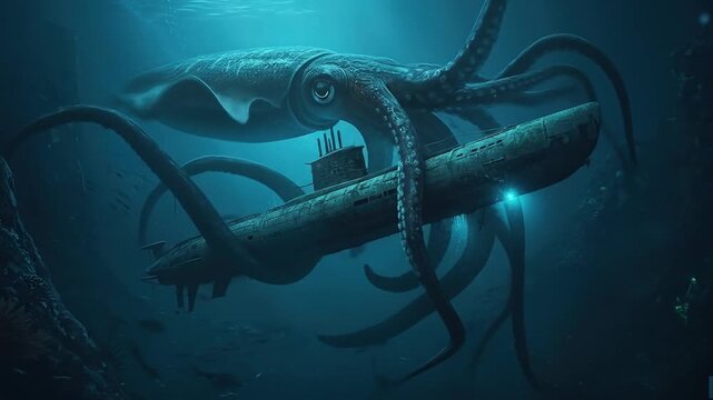 Giant squid attacks a submarine in the deep ocean environment