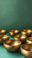 Array of Tibetan singing bowls meticulously arranged in a serene meditation room vertical - green background