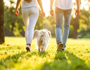 Obraz premium Man and woman walking with dog outdoor park Sunny day People lifestyle with pet Couple leisure time View from back