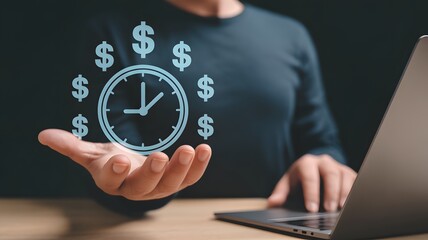 Time is money. Long financial investment, future income and money profit benefit. Businessman showing time and money icons on virtual screen.