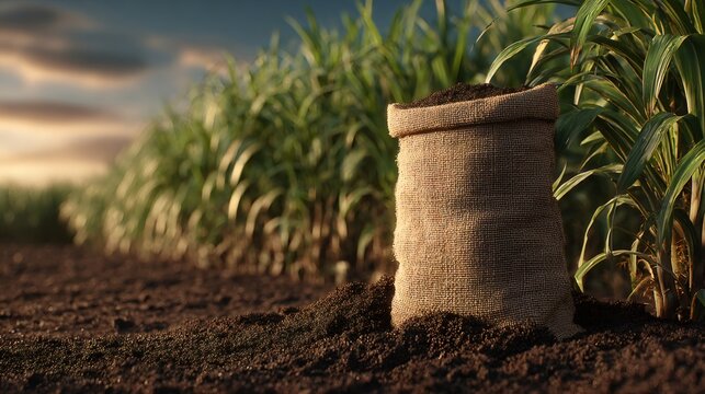 Burlap sack filled with rich soil in a sugarcane field