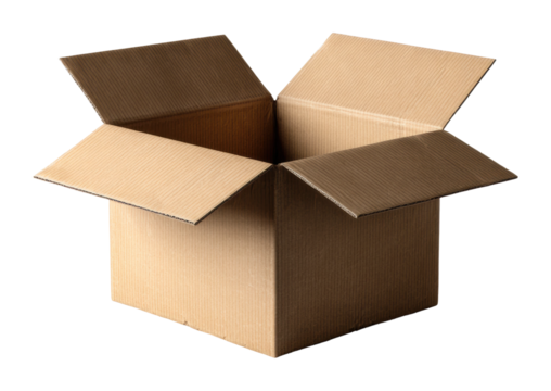 Unboxing experience of cardboard box home product top view isolated on transparent background