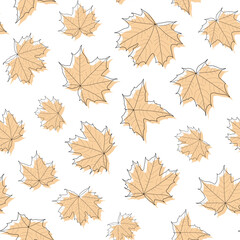 Abstract botanical pattern. Seamless print composed of orange silhouette of leaves of maple with black line vein on white background. Botanical colorful background.