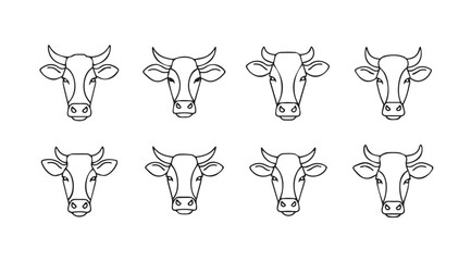 Collection of eight detailed line art cow heads featuring diverse horn styles and facial expressions for agricultural design vector