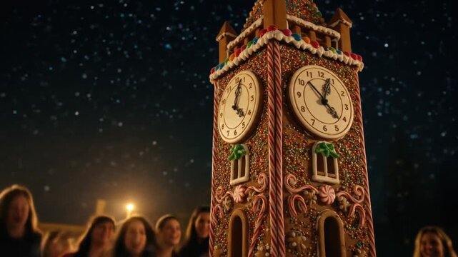 Gingerbread clock tower displayed at night with people