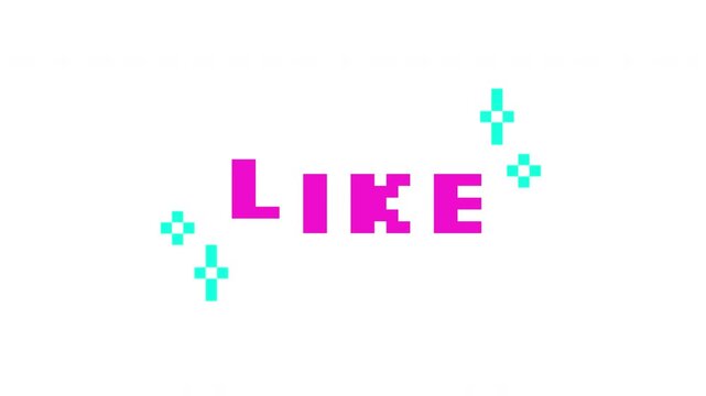 Animated cta button like in pink pixel typography. Content engagement. Internet culture. Online interaction. Retro 8 bit style bouncing text reaction animation with sparkles. Pixelated jumping letters