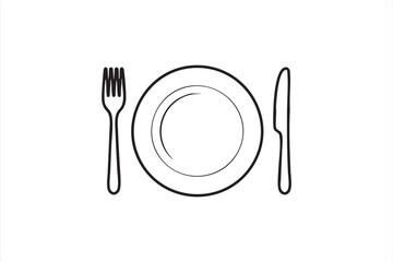 Black and white fork, knife, and plate vector illustration for culinary branding.