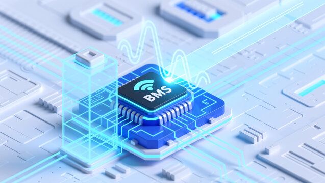 Futuristic wireless Smart BMS powered by AI, predicting battery health and performance through real-time analytics.