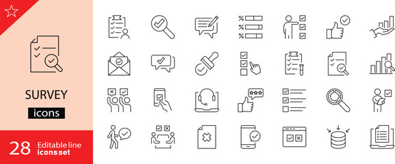 Survey icons set. Includes symbols of questionnaire, feedback form, polling, data collection, and customer opinion. Editable stroke. Vector illustration. Perfect for analytics, and marketing. 