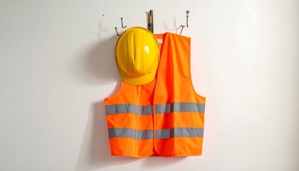 Safety vest and hardhat hanging on a wall
