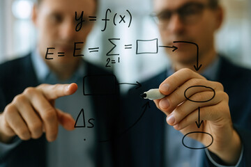 Business Professionals Collaborate, Diagramming Complex Equations and Flowcharts on Transparent Board