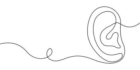 Human ear one continuous line, Single line editable vector drawing of the hearing part of the body, Concept of the World Day of the Deaf,  Vector illustration of human ear continuous single line 