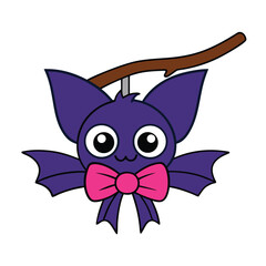 Vector art of cute purple bat with a pink bow tie hanging on a branch