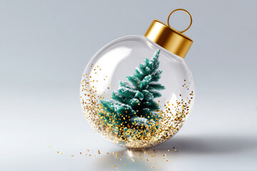 Glass christmas ornament featuring a snow-dusted fir tree and golden glitter inside, creating a festive holiday scene