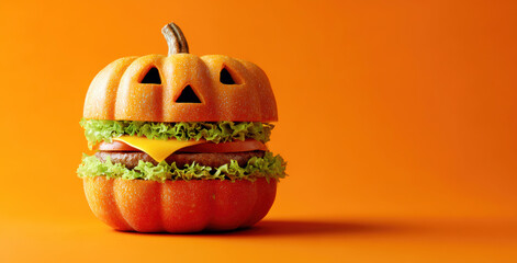 Halloween pumpkin jack-o'-lantern burger concept, creating spooky holiday food for autumn celebration