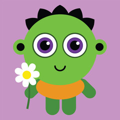 Vector art of cute green monster holding a daisy flower on a purple background illustration