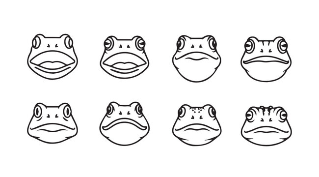 Collection of eight expressive hand drawn frog faces showing different emotions and mouth shapes vector