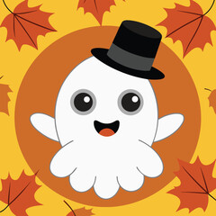 Vector art of cute ghost wearing a hat surrounded by autumn leaves on a yellow background