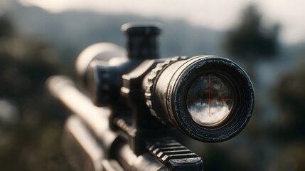 captures a long-range optical scope on a weapon, with a view of a blurred background, showing a crosshair for precision aiming, set against a natural landscape and a soft, diffused light.