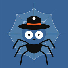 Vector art of cute spider wearing a hat hanging from a web on a blue background