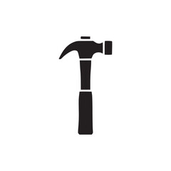 A simple black silhouette of a hammer tool isolated on a white background in a centered composition