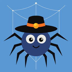 Vector art of cute spider wearing a hat on a web, perfect for halloween decorations