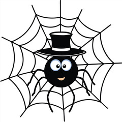 Vector art of cute spider wearing a hat on a spiderweb