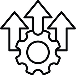 Line style icon of operational efficiency showing gear and upward arrows. Perfect for business, productivity, management, and performance improvement concepts.