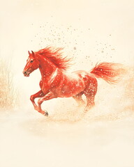 Nordic watercolor illustration of a fiery red horse galloping through a snowy landscape, symbolizing the New Year, with flowing golden mane, delicate snowflakes, soft paper texture, calm festive.