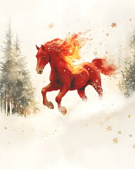 Nordic watercolor illustration of a fiery red horse galloping through a snowy landscape, symbolizing the New Year, with flowing golden mane, delicate snowflakes, soft paper texture, calm festive.