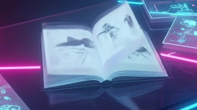 Glowing books with digital illustrations on a reflective surface