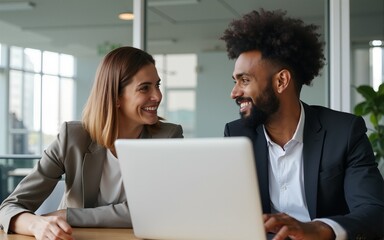 Two diverse businesspeople chatting sitting behind laptop in office. High quality