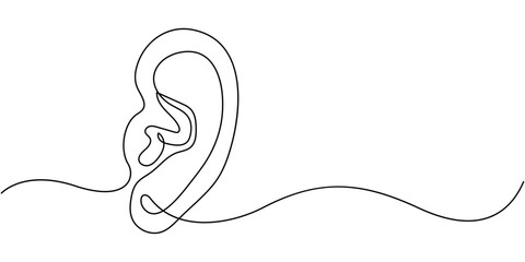 Human ear one continuous line, Single line editable vector drawing of the hearing part of the body, Concept of the World Day of the Deaf,  Vector illustration of human ear continuous single line 