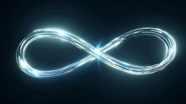 Slow reveal of infinity symbol hundreds of tiny particles connected flowing lines, particles glowing softly, dynamic energy along connections, dark neutral abstract 4K cinematic