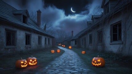 Halloween pumpkins glowing along spooky cobblestone street under moonlight