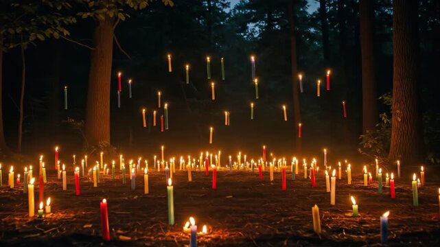 Glowing candles floating in dark forest surrounded by trees at dusk