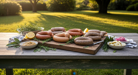 Gourmet Sausages Ready for a Backyard Summer Barbecue Party Feast