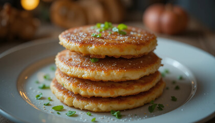 Stack of crispy potato pancakes garnished with herbs on a plate, delicious appetizer
