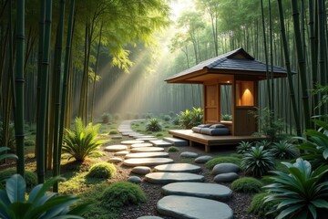 Serene Bamboo Forest Pathway to Traditional Gazebo in Morning Sunlight