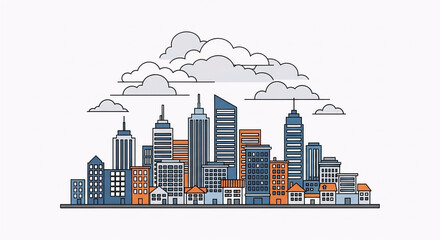 Urban city skyline vector illustration of buildings and towers forming a cityscape silhouette against the sky