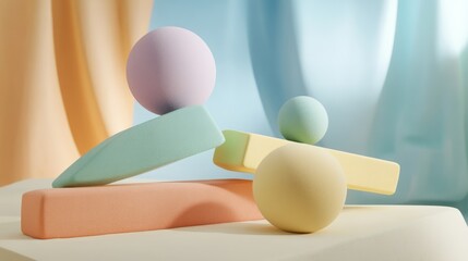 Soft pastel geometric forms balanced precariously