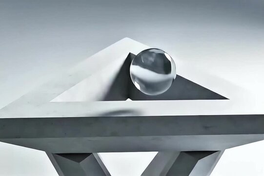 Glass sphere rolling on a Penrose Triangle impossible object, seamless loop 3D animation, paradox and infinity concept