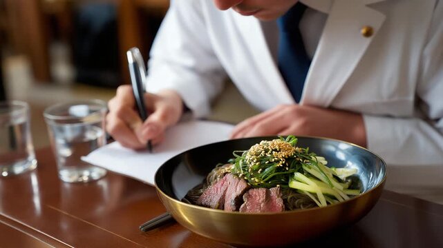 A food critic, their posture upright with a notepad in hand, evaluates Pyeongyang Naengmyeon in a yugi brass bowl at a restaurant table, its surface polished wood. The bowl&rsquo;s metallic curves shine,