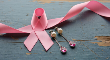 Pink Ribbon Symbolizing Breast Cancer Awareness and Elegant Pearl Earrings Adorned with Pink Gems