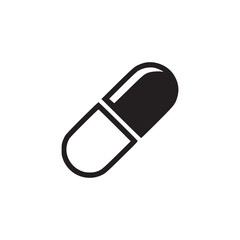 A minimalist black and white illustration of a capsule pill on a plain white background in simple style